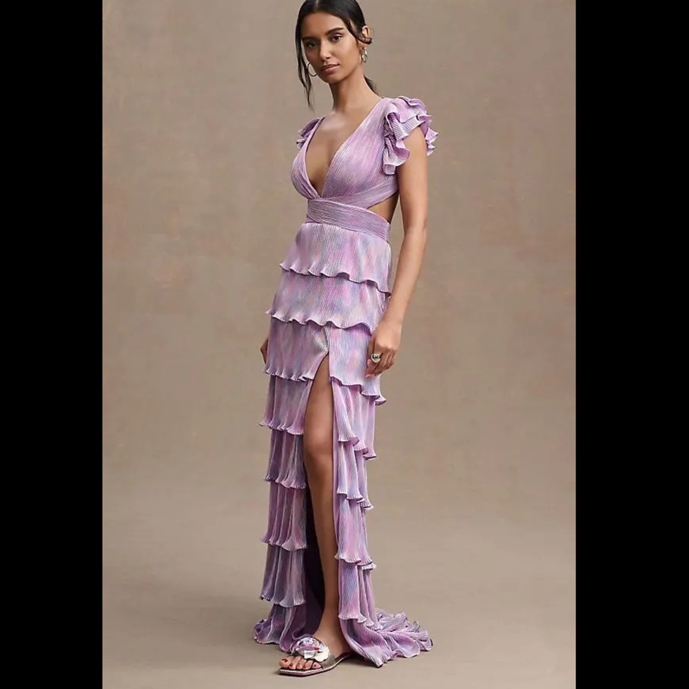 Mac Duggal Tiered Plissé Lace-Up Flutter Sleeve Column Gown